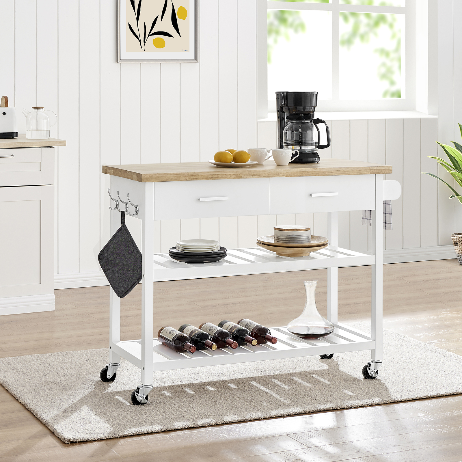 Buy Kitchen Island Trolley - 2 Drawers 2 Tier - White and Natural -  117x89cm | Beyond Bright
